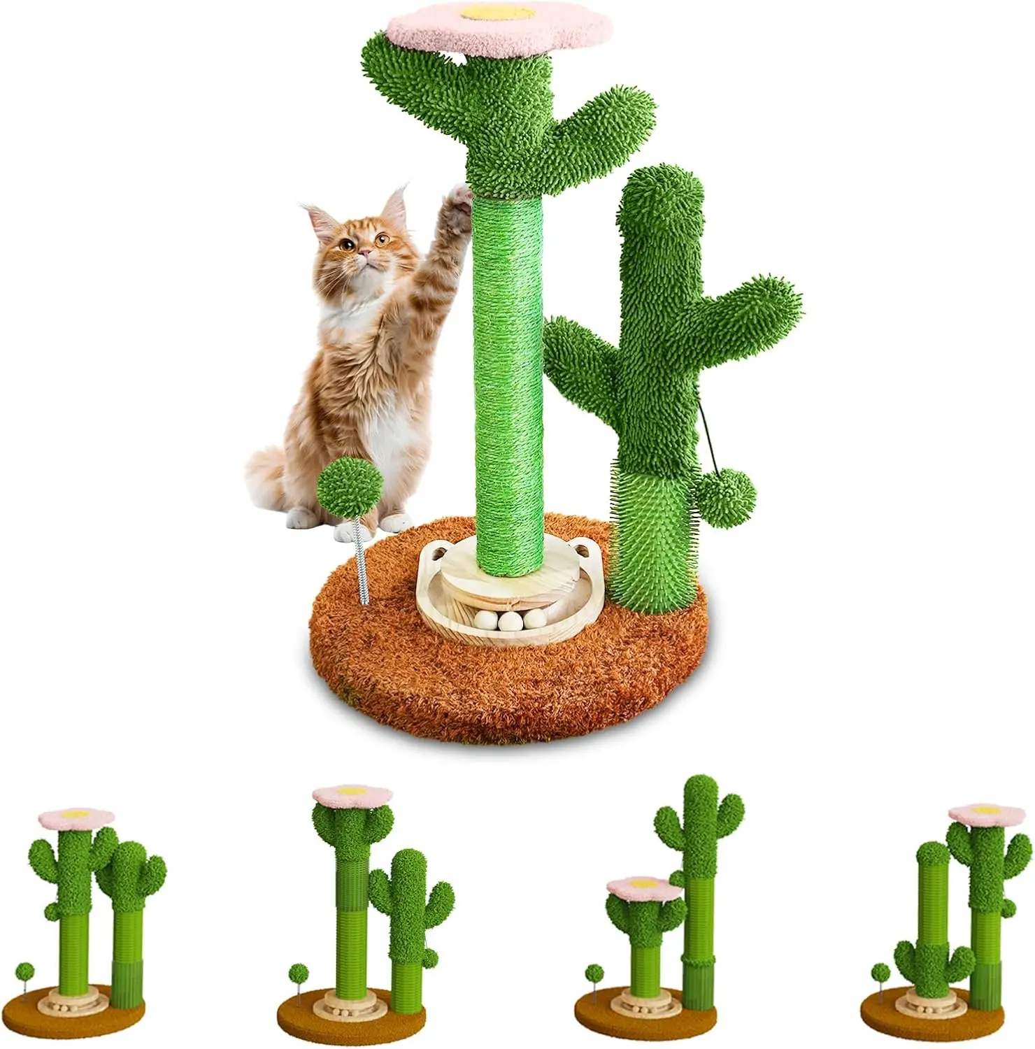 

2026 New DIY 9+ Installation Styles Cactus Cat Scratching Post with Self-Grooming Brush and Ball Toy | Modular Sisal Cat