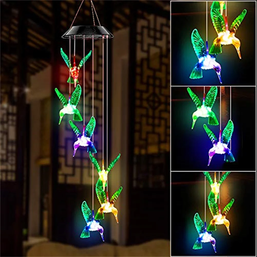 LED Solar Power Wind Chime, cristal, beija-flor, borboleta, impermeável, ao ar livre, luz solar para jardim