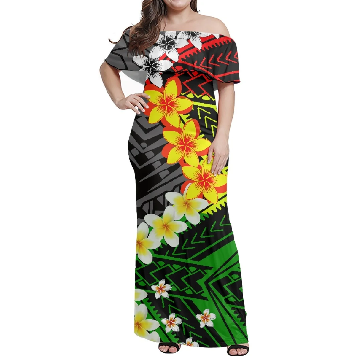 

Spring 2025 fashion custom one shoulder short sleeve long dress Puletasi Tatau pattern Polynesian short sleeve long dress