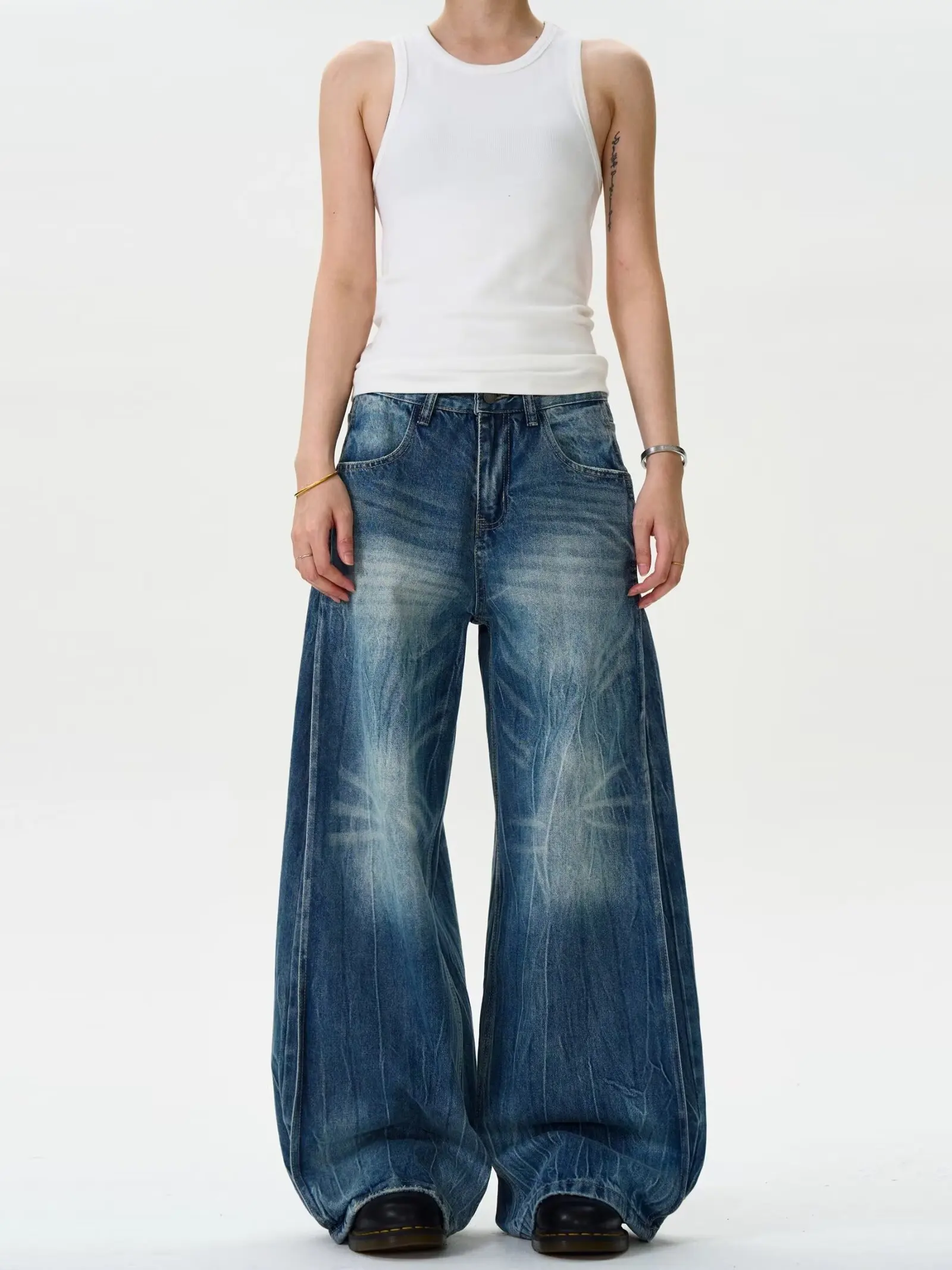 

Retro American High Street Distred Waed Jeans Men's Casual Wide Leg Pants Youth Trendy Wear Resistant Summer Jeans