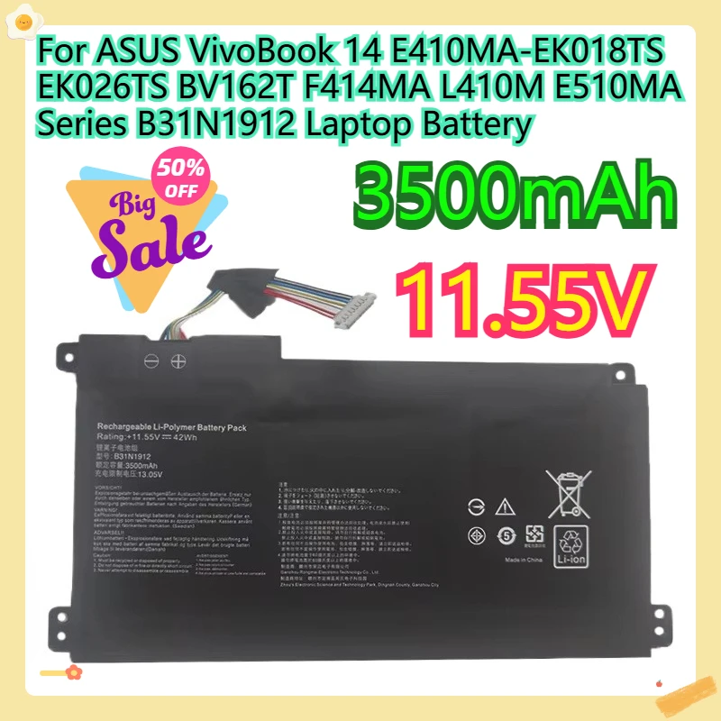 

For ASUS VivoBook 14 E410MA-EK018TS EK026TS BV162T F414MA L410M E510MA Series B31N1912 Laptop Battery 11.55V 3550mAh