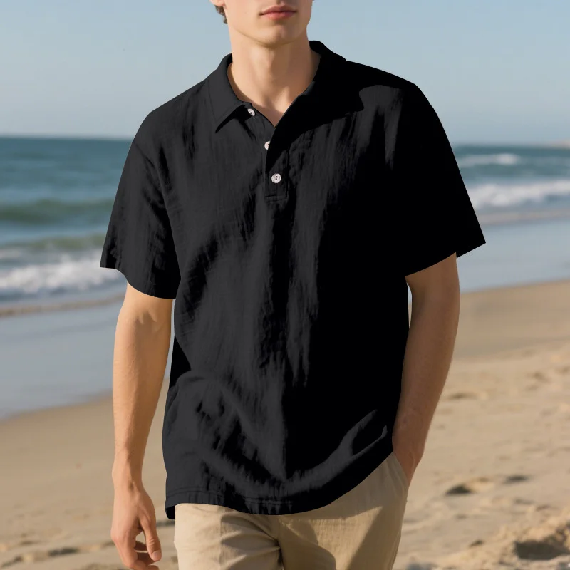 Sommer Männer Atmungsaktive Hemd Täglich Casual Kurzarm Leinen Polo-Shirt Herren Mode Einfarbig Mit Knöpfen drehen-unten kragen tops