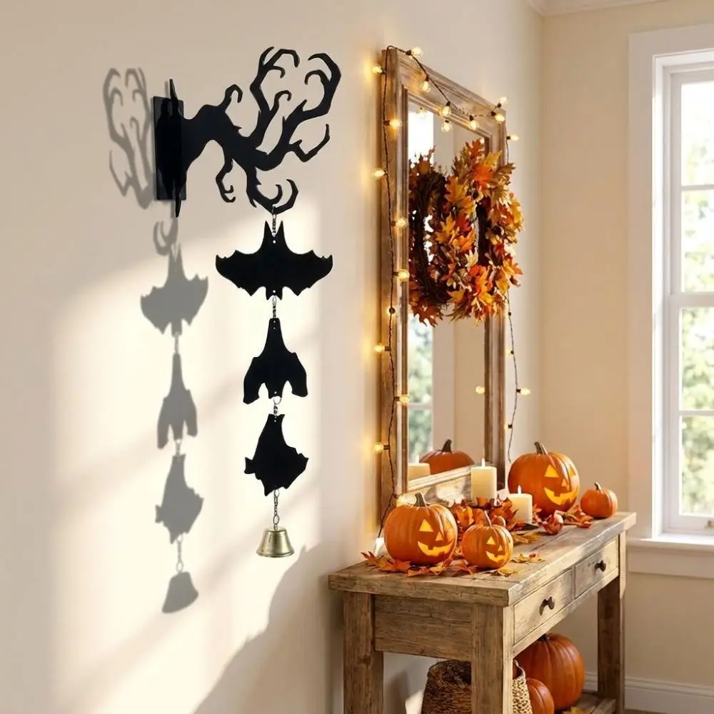 2D Flat Inverted Branch Bat Wind Chime with Bell Spooky Halloween Wind Chime Acrylic Wall Mount Hanging Bat Pendant Front Door