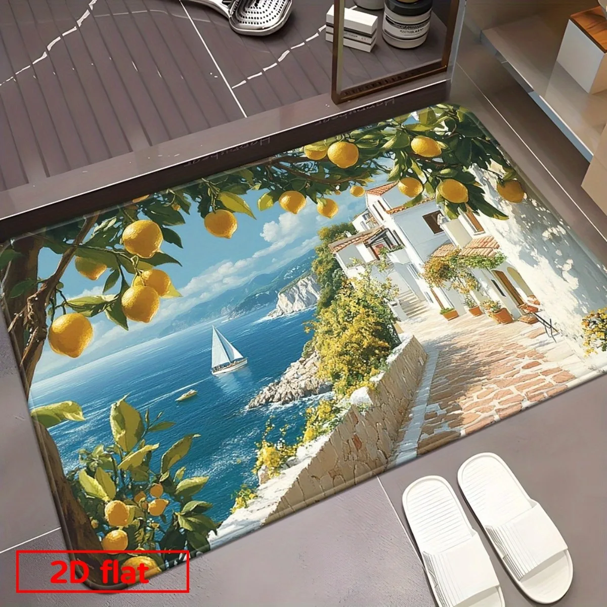 Vibrant Mediterranean Lemon Tree Rug Greek Coastal Mediterranean Style Area Carpet Summer Home Decor Floor Mat for Living Room