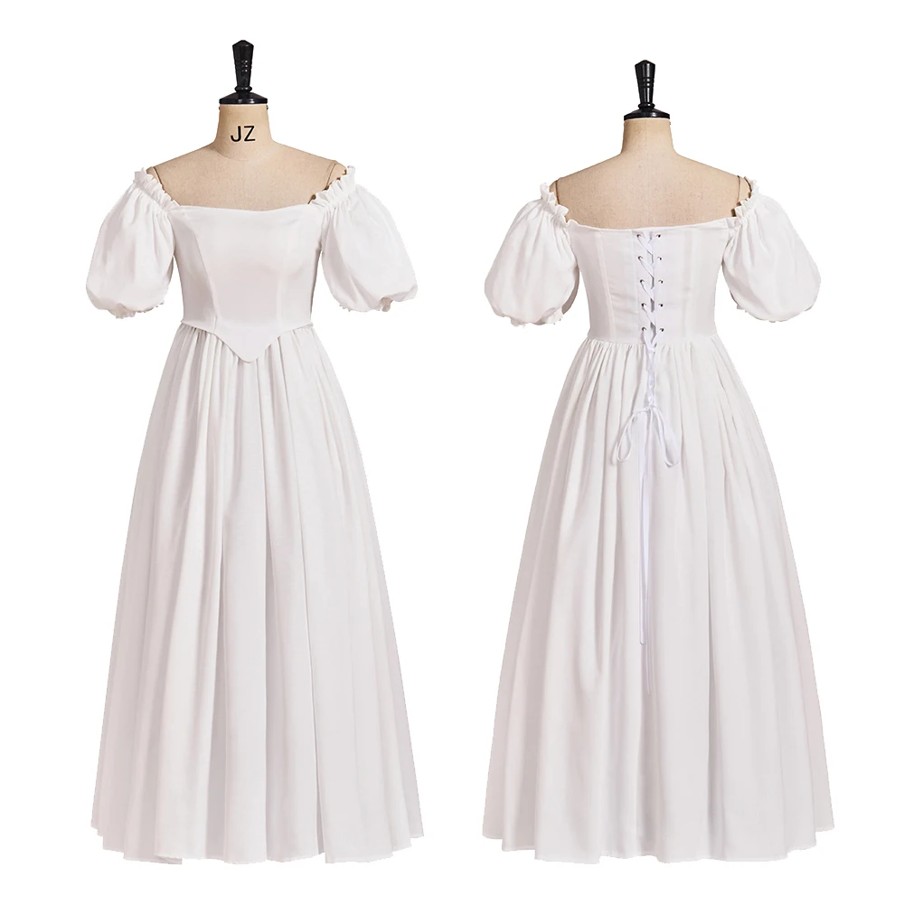 

Historical Vintage High Waistline Victorian White Off Shoulder Regency Dress Jane Austen Tea Party Ball Gown
