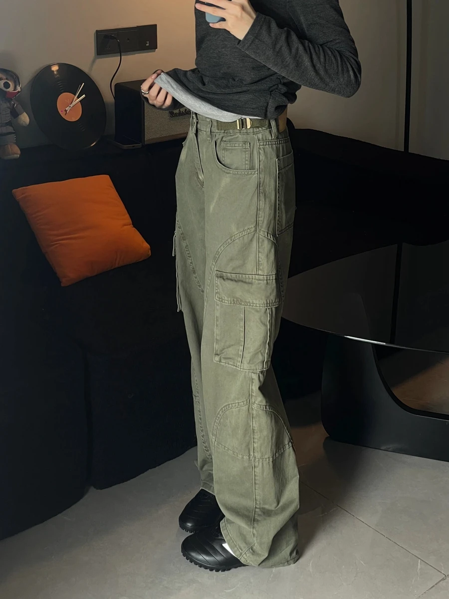 بنطلونات عمل عسكرية خضراء كبيرة الحجم من American High Street للنساء فضفاضة وواسعة الساق جينز غير رسمي بخصر عالٍ وقصة مستقيمة