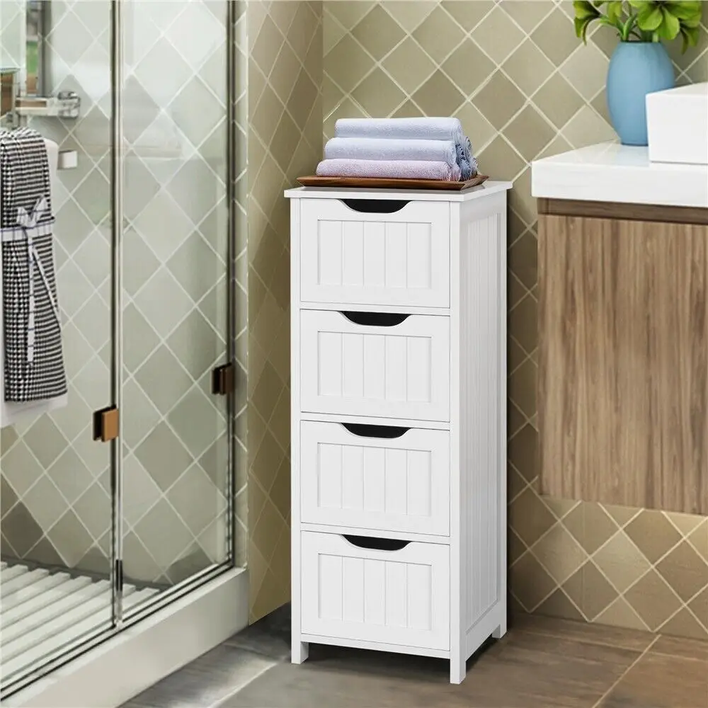 Bathroom Floor Cabinet, Wooden Side Storage Organizer, 4 Drawers Free-Standing Cabinet for Bathroom/Hallway/Living Room, White