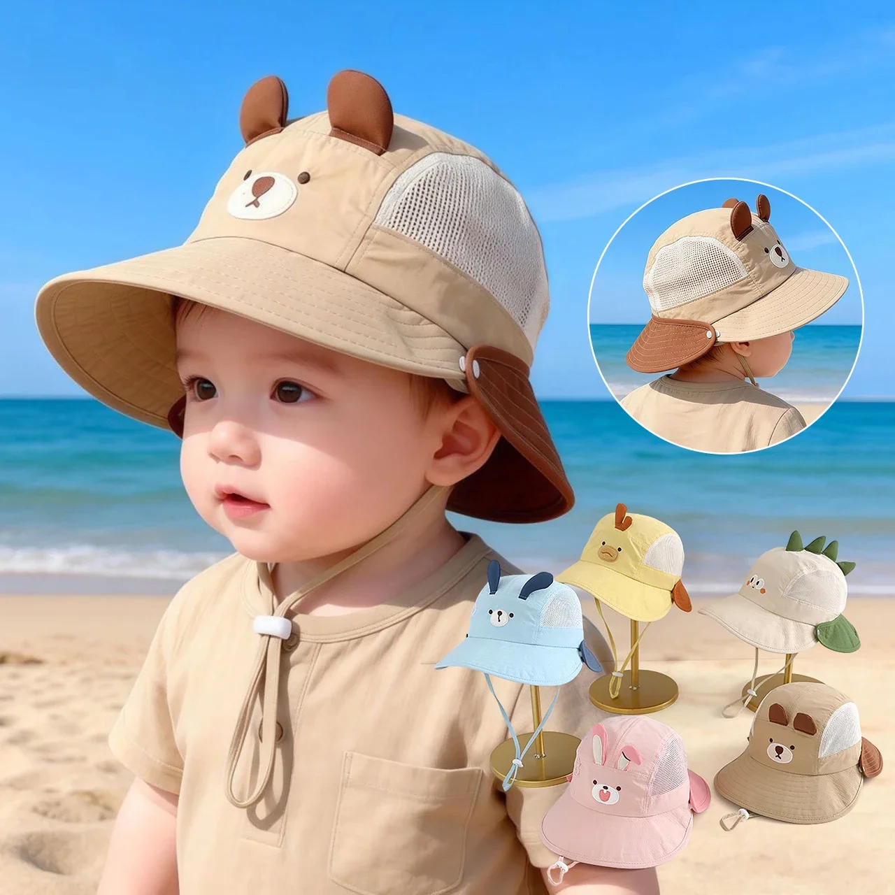 Chapéu de Praia Infantil com Protetor Solar em Forma de Urso e Orelhas de Coelho, Boné de Verão Respirável para Meninos e Meninas, 2026 NOVO