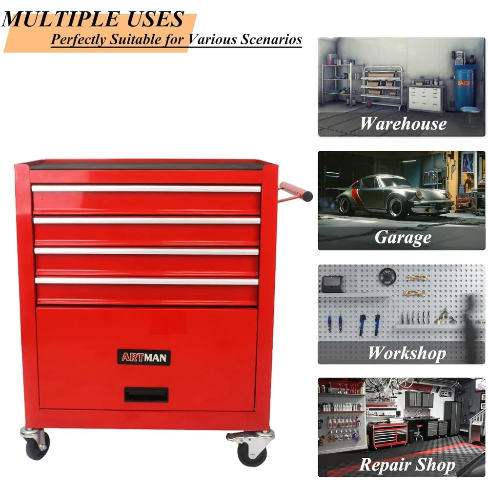 Multifunctional 4-Drawer Rolling Metal Tool Chest with Wheels for Garage, Workshop, and Repair Shop Use