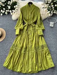 Elegant Winter Lantern Long Sleeve Autumn Dress Women Lace Patchwork Pearl Button Single Breast Belt A Line Loose Party Vestidos