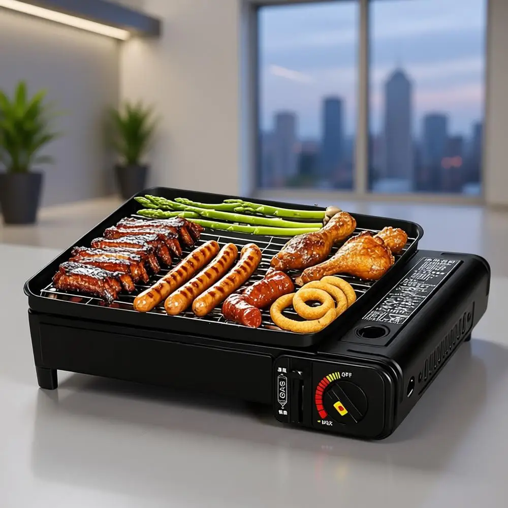 

Портативная бутановая плита — компактная газовая плита-гриль со съемной решеткой + прочный футляр для переноски | Dual uel Настольный барбекю или кемпинг, K