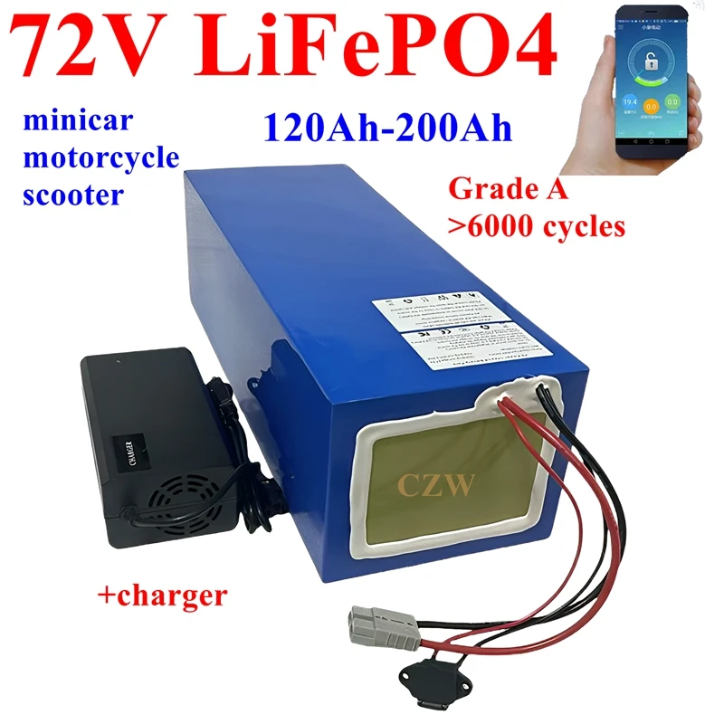 

CZW 72V 40Ah 20Ah 30Ah 50Ah 60Ah 80Ah 100Ah 120Ah 150Ah 200Ah LiFepO4 lithium battery with BMS for 72V 2KW 3KW 5KW Motor minicar