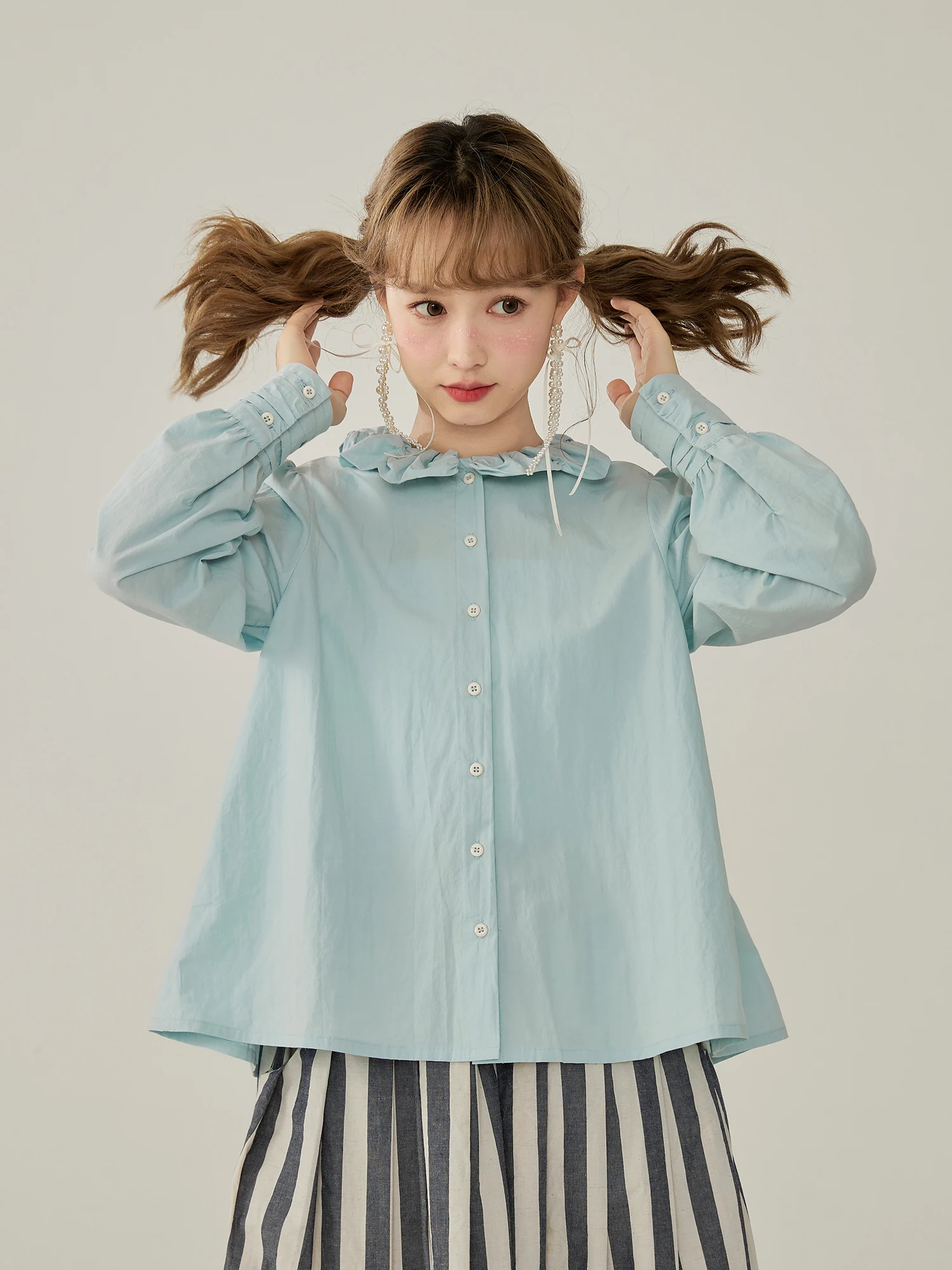 

Mint Wave Artistic Long Sve Petal Collar Women's irt Cotton Lyocell Blend Sweet Sle Japanese Faion Loose Fit irt