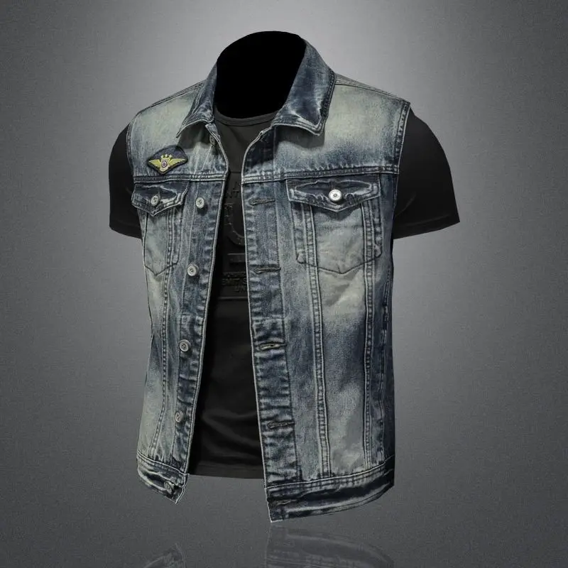 New Men's Retro Denim Vest High Street Fashion Slim Fit Handsome Motorcycle Vest Casual Versatile Denim Jacket Men's Clothing