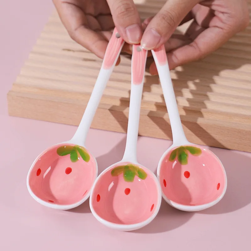 Kawaii Strawberry Ceramic Soup Spoon Cute Korean Ice Cream Hand Painted Coffee Dessert Long Handle Spoon Kitchen Accessories