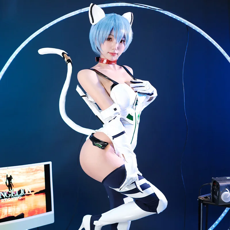 

New cos Ayanami Rei Cosplay Cat ear Cute Sweet Sexy PU leather Women Jumpsuit one piece White bodysuit B