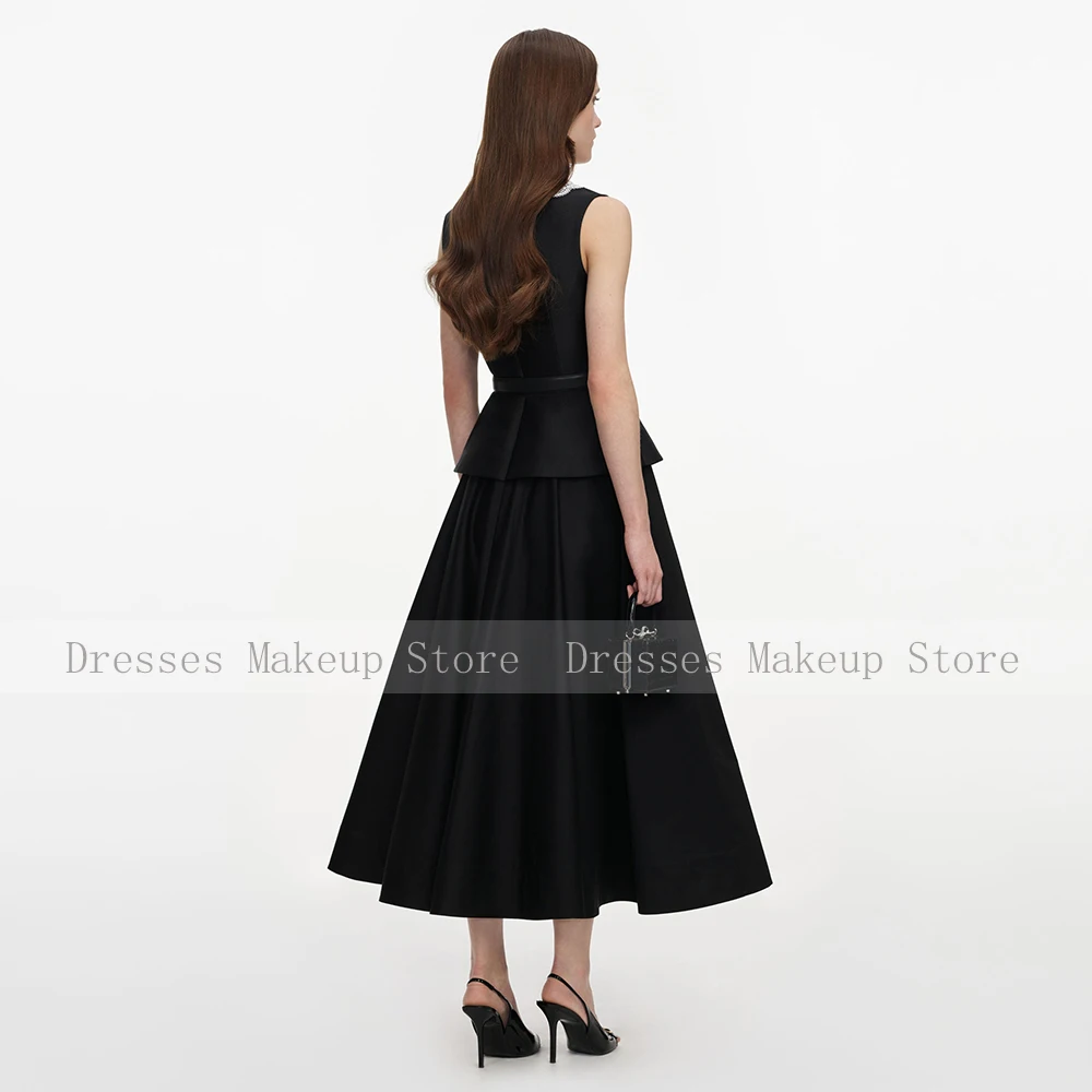 Customized Satin Cocktail Dress Black Peter Pan Collar Lace Women's Cocktail Gowns 2026 Tea Length 2 Pieces Party Dresses Midi