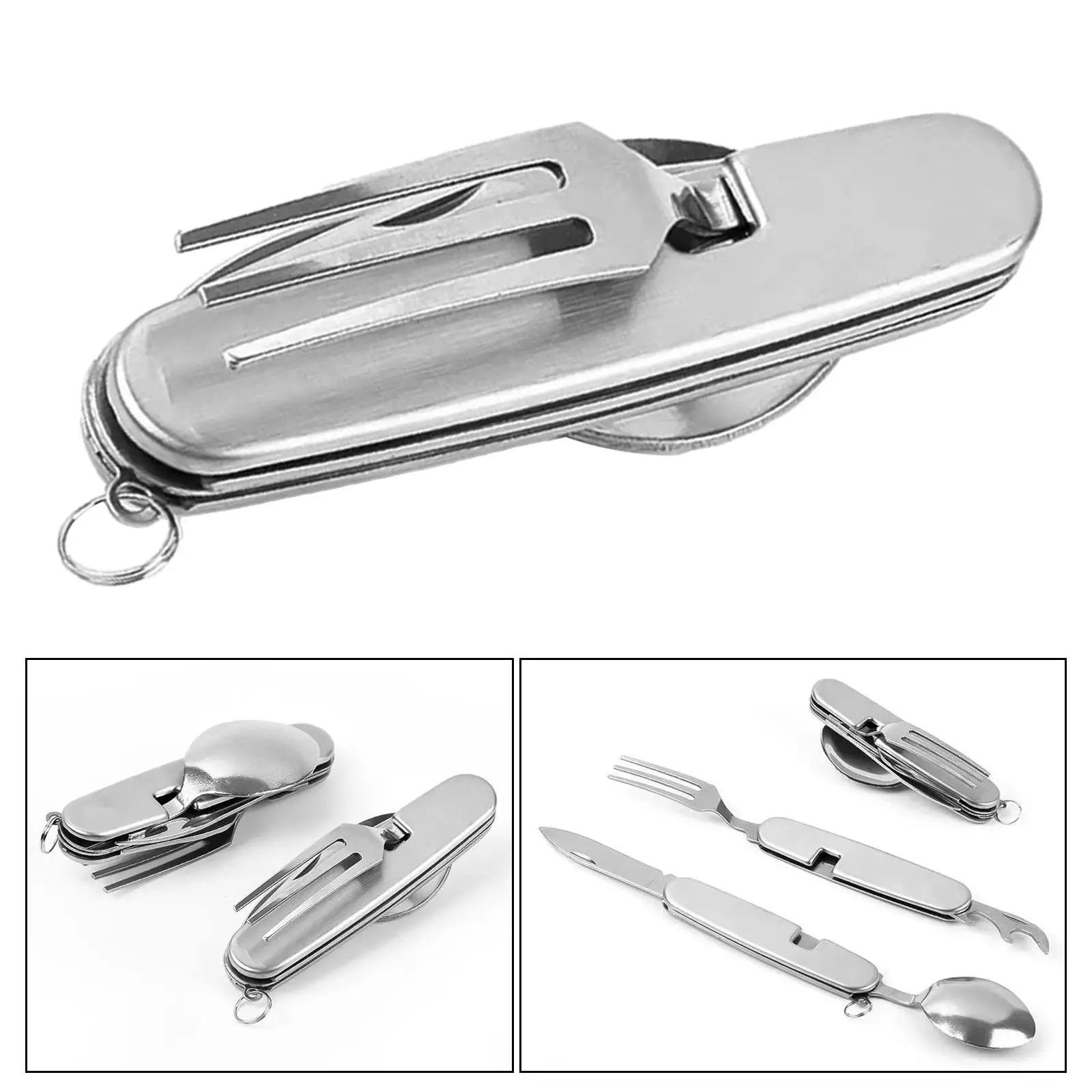 5 in 1 Camping Utensils Eating Multi Tool Folding Stainless Steel Spoon Fork Knife Corkscrew and Can Opener Set for Kitchen