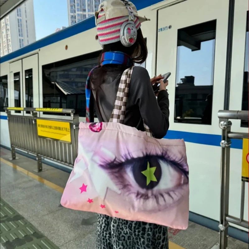 Y2k Sweet Edge Tote, Star Eye Print Oversized Pink Bag, Harajuku Streetwear Crossbody, Trendy Nylon Shoulder Bag