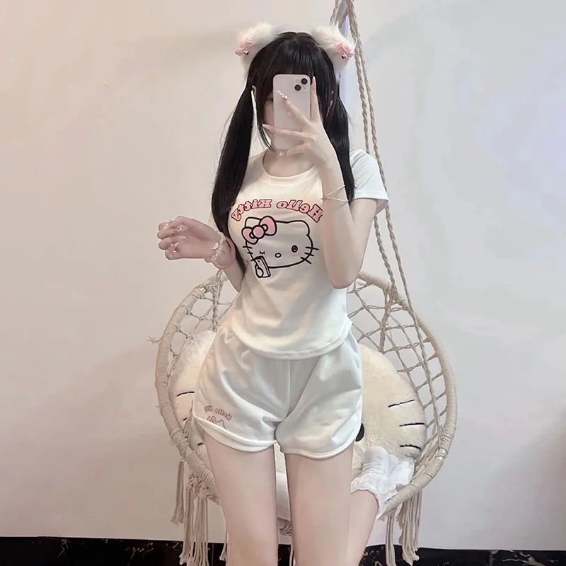 

Summer New Hello Kitty Short-sleeved Top Shorts Women Home Wear Set Teenager Y2K White Clothes Streetwear T-shirt Casual Suit