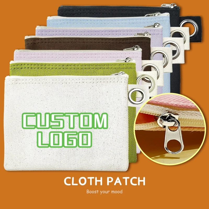 Custom Logo Solid Canvas Zipper Mini Pouch Metal Eyelet Ring Portable Coin Purse Key Card Lipstick Storage Wallet Bags Girls