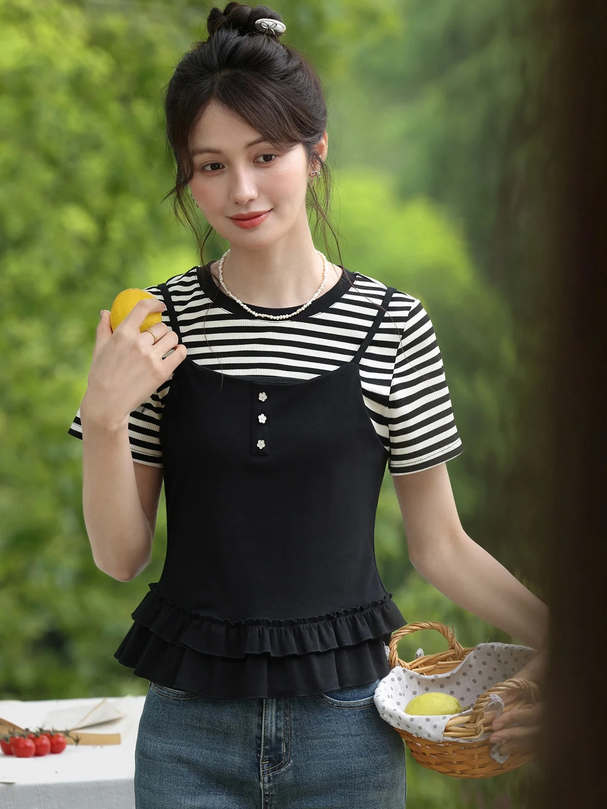 

Ele Bla Утягивающая футболка из двух предметов ort Sve Женский летний топ Ladylike Sle Повседневный креативный узор