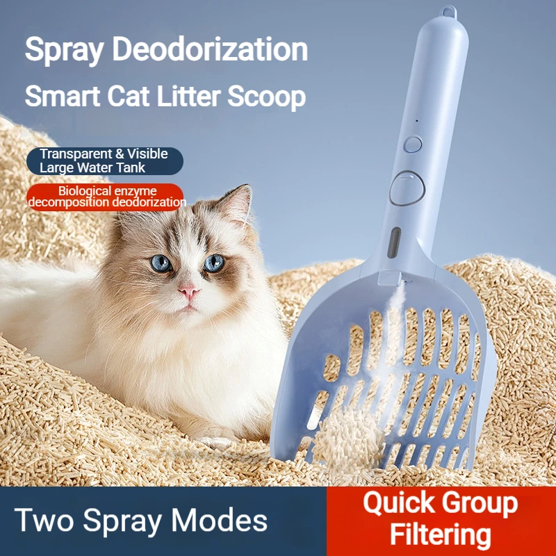 Large Plastic Cat Litter Scoop with Deodorizing Spray 2-in-1 Smart Pet Poop Shovel - Cat Care Cleaning Supplies