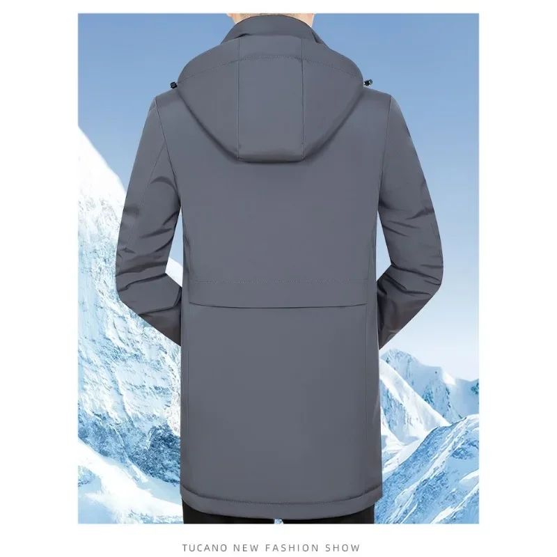Mantel panjang musim dingin pria, jaket parka santai longgar setengah panjang, jaket tebal hangat mode luar topi dapat dilepas