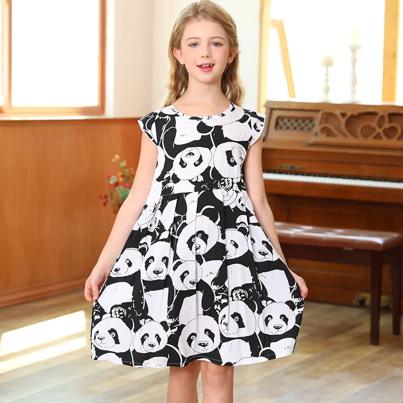 2024 Summer teens bear Daisy Girls chiffon off shoulder Patchwork Baby Clothes Toddler panda animal bunny cow Dress 4 12 year