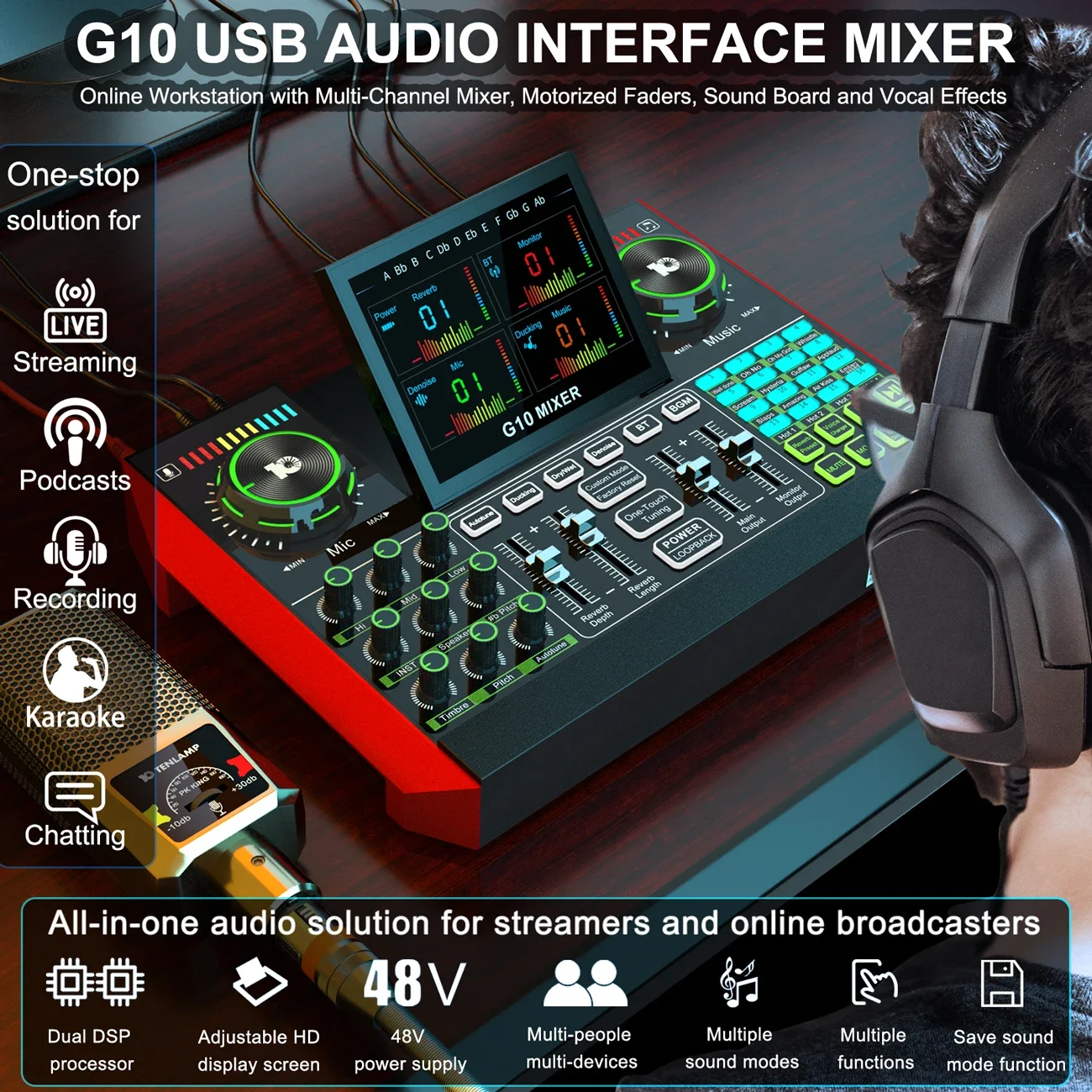 USB Audio Interface Podcast Equipment Bundle Mixer & Vocal Effects, G10 Sound Card Board Voice Changer, DJ Mixer for Live Stream