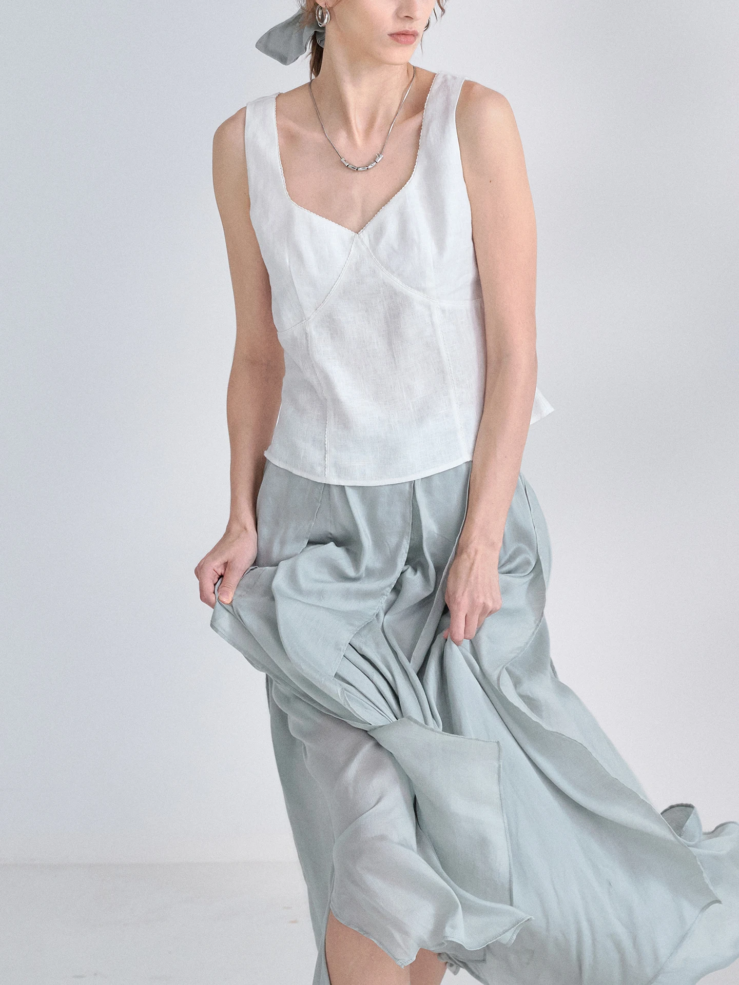 Pure Linen Women's Top Breathable Cool Sensation Floral  Wrap Chest Strap Vest High End Linen Material V Neck Short Style