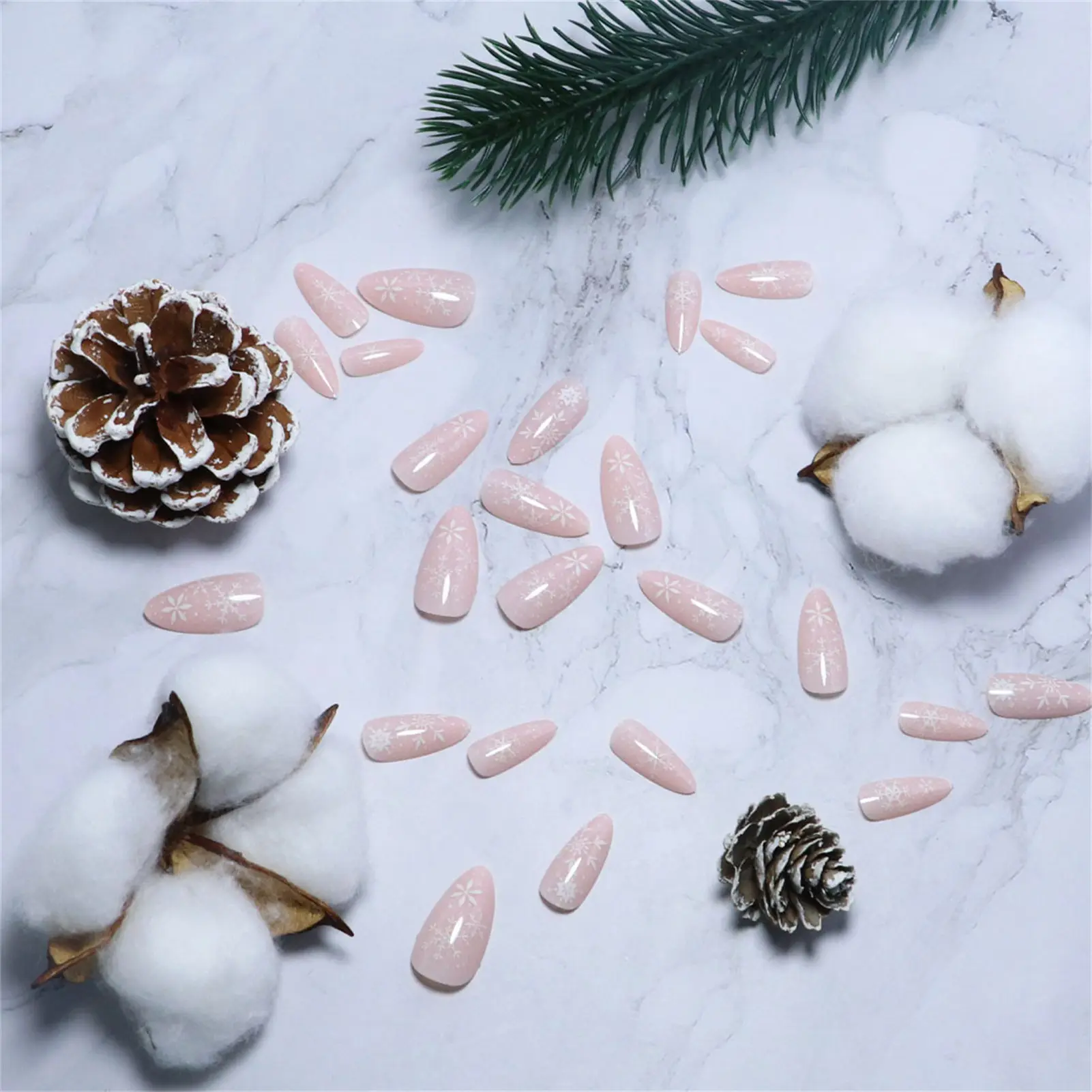 Glossy Pink Almond Fake Nail Christmas Snowflake Pattern Long Artificial Nail for Women and Girl Nail Salon at Home