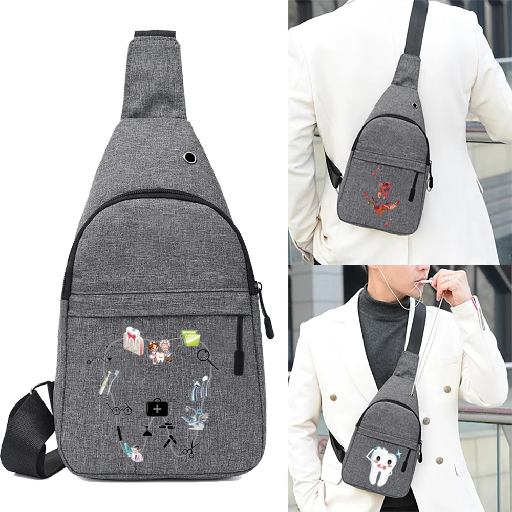 Crossbody Bags Men Chest Bag School Summer Short Trip Messengers Bag Handbag Print Teeth Pattern Shoulder Bags USB Charging