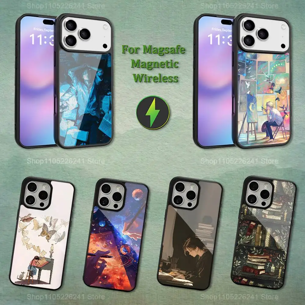 

Books Cartoon illustration Phone For iPhone 17,12,11,16,15,13,14,Pro,Max,Plus,Mini, For Magsafe,Magnetic Wireless Charging Case
