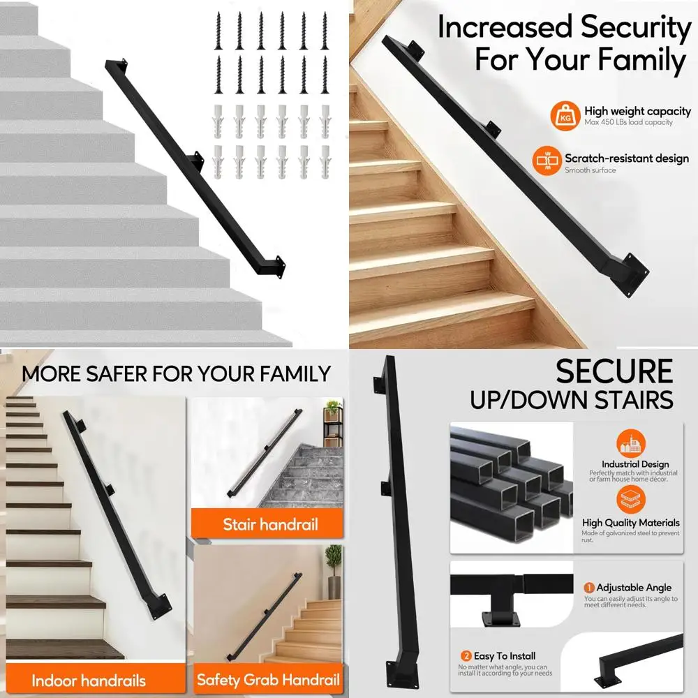 درابزين سلم مربع داخلي، درابزين مثبت على الحائط معدني أسود، سعة تحميل 440 رطل، درابزين سلم عالي التحمل غير قابل للانزلاق لـ S #1