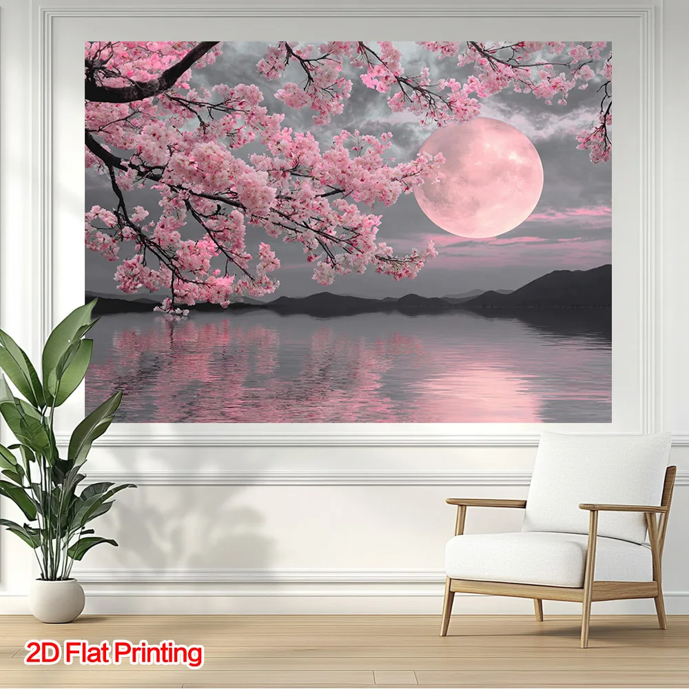 Aesthetic Pink Sakura Cherry Blossoms Full Moon Tapestry Wall Art Hanging Boho Spring Floral Nature Room Decor Print