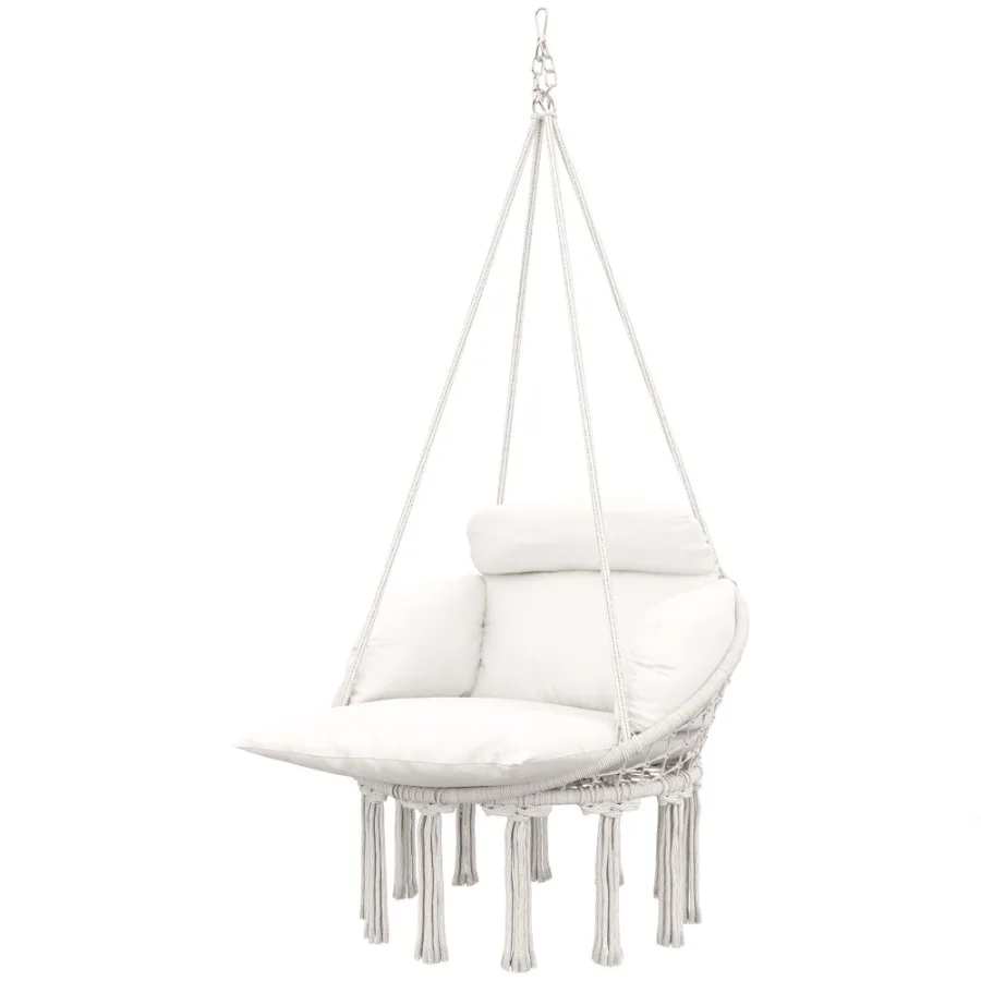 

Hammock Swing Chair Macrame Hanging Chair with Large Cushion Chain Steel Frame for Indoor Outdoor Use Cream White