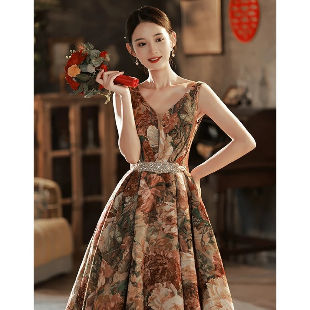 Jacquard V-neck Celebrity Dress Sleeveless Lace-up A-line Floor Length Vintage Flower Formal Occasion Evening Party Gowns 2024