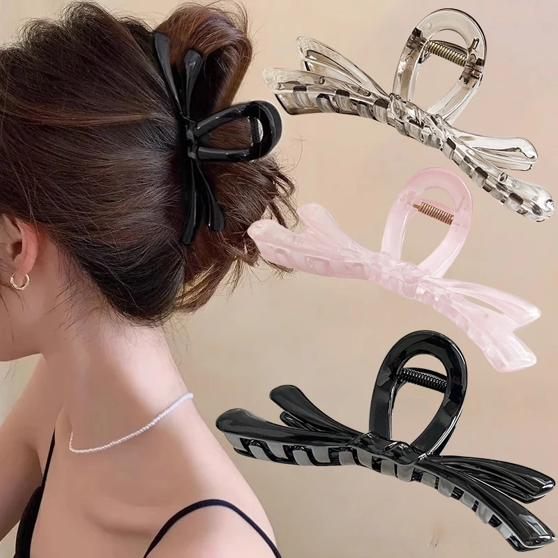 Korean Large Bow Ribbon Hair Claw Crab Barrettes For Women Girls Sweet Acrylic Shark Hair Clip Hairpin Ponytail Hair Accessories