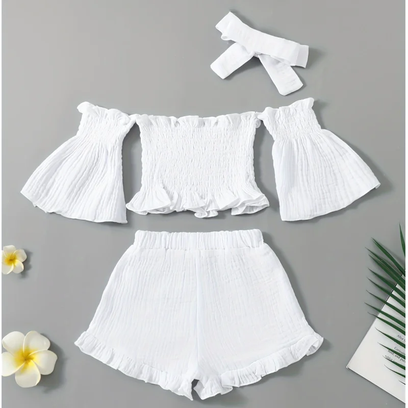 Stylish 3pc Girl\'s Summer Set: Off-Shoulder Cotton Top, Ruffle Denim Shorts & Headband - Perfect Casual Gift