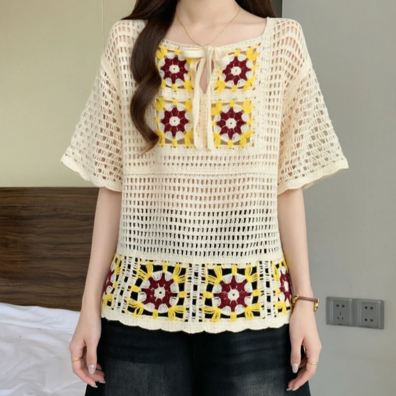

Granny Square Crochet Top for Women Hollow Out Short Sleeve Tie Front Open Knit Lace Blouse Shirt Summer Boho Chic Festival Tops