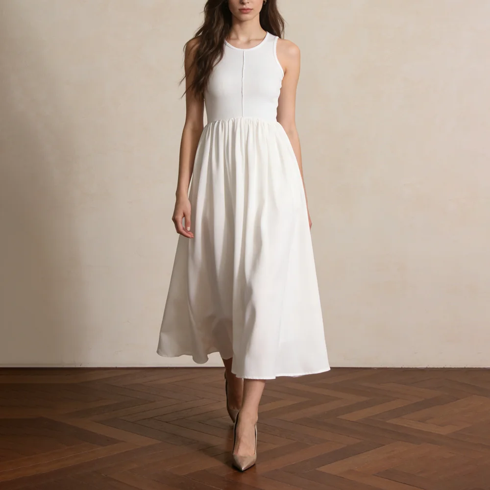 TWOTWINSTYLE Solid Spliced Folds Chic Dress Female O Neck Sleeveless Loose Gentle Minimalist Women's Dresses Summer Fashion New