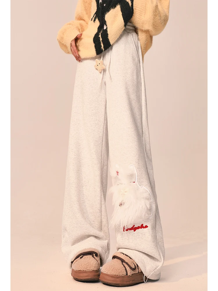 

Sports Pants Women's FlowerGray Autumn and Winter Thickened Warm Plush Loose Casual Wide Leg Straight Cartoon Embroidery Fashion