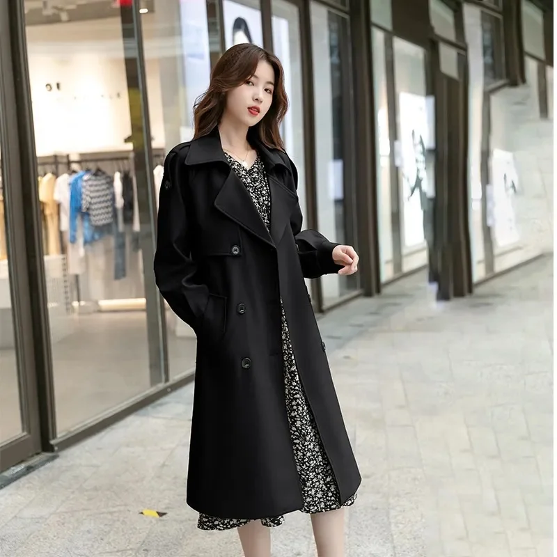 Solto retros duplo breasted preto cáqui blusão feminino 2025 outono design de moda vintage túnica faixas casual casaco longo