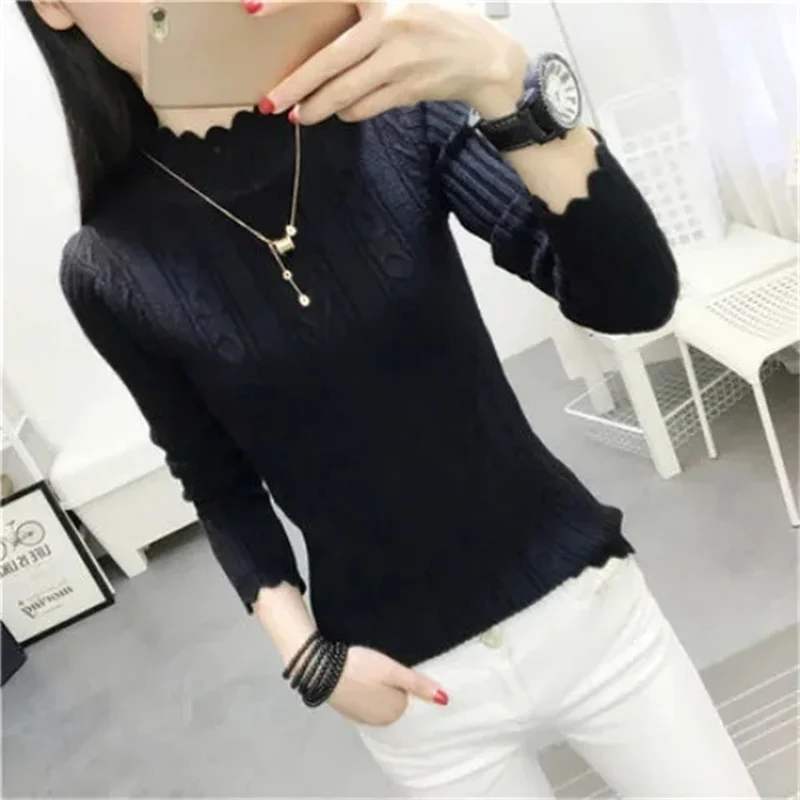 Lady Half High Collar Knitwear Outwear Female Long Sleeved Pullover Knitting Jacket Autumn Winter Women Solid Color Sweater Coat