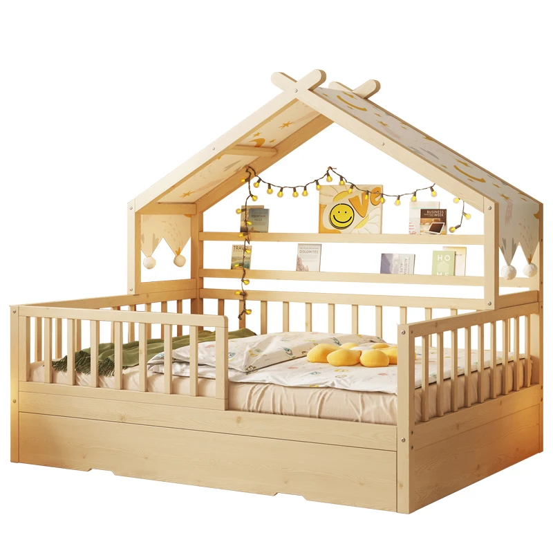 

Full solid wood children's bed girl princess bed small bed with trailer guardrail household baby single boy tree house