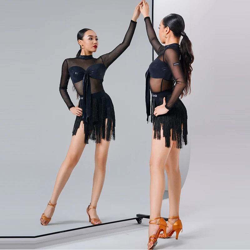 

Latin dance performance costume women's sexy mesh long sleeved top+tassel short skirt 2pcs tango chacha samba practice outfit