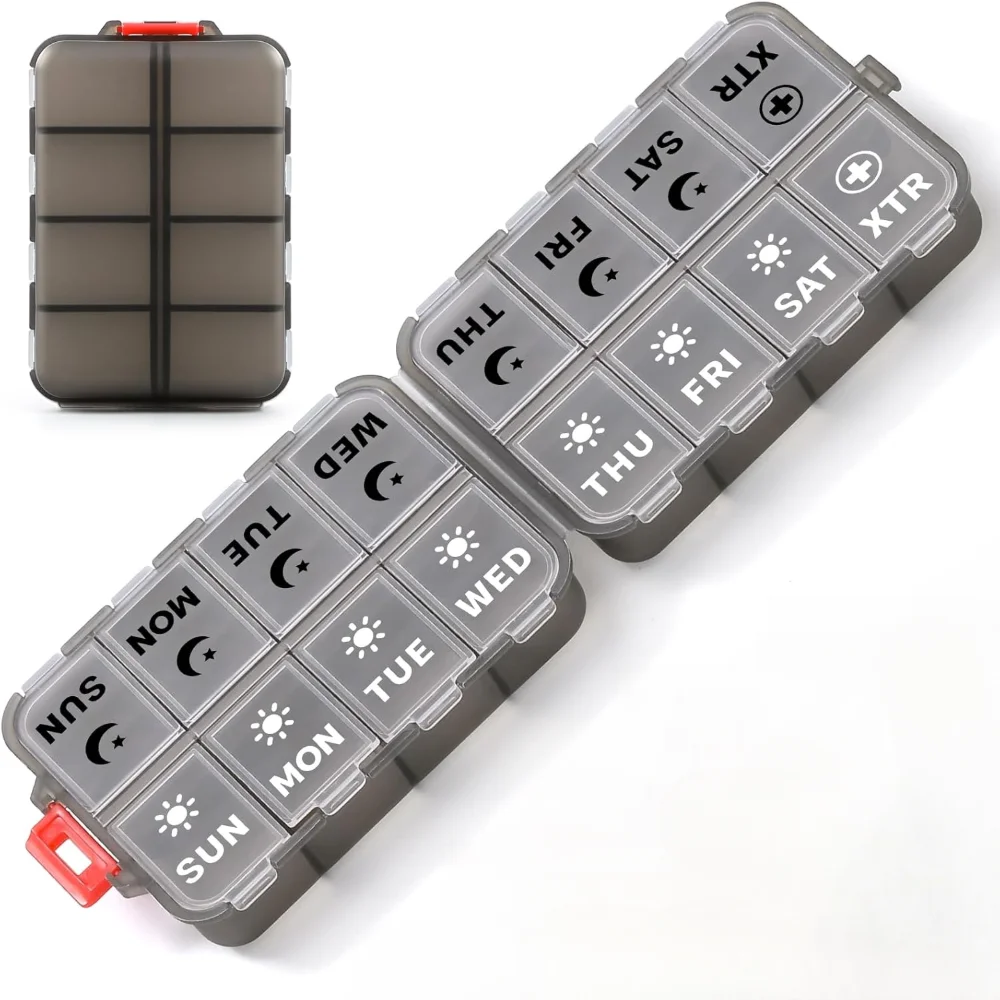 

Weekly Pill Organizer, 2x Daily Morning & Evening, 7 Day Travel Pill Case for Vitamins & Supplements - Foldable,Gray