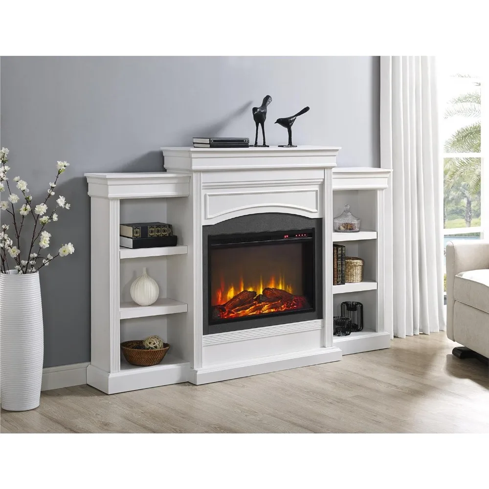 Ameriwood Home Lamont 69 Inch Electric Fireplace with Mantel, Shelves, Replaceable Fireplace Insert Heater, Remote Control, Time