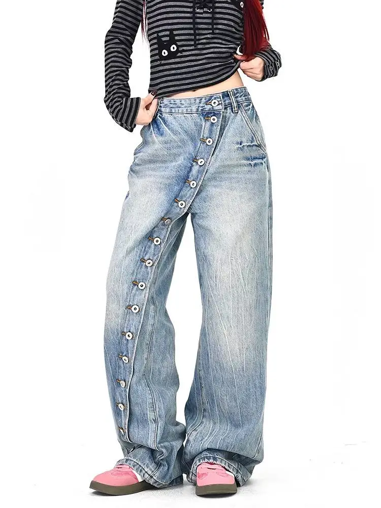 

CHIC Baggy Straight Leg Denim Jeans for Men or Women American Retro Buttons Spliced Boyfriend Pants Harajuku Trousers Trendy